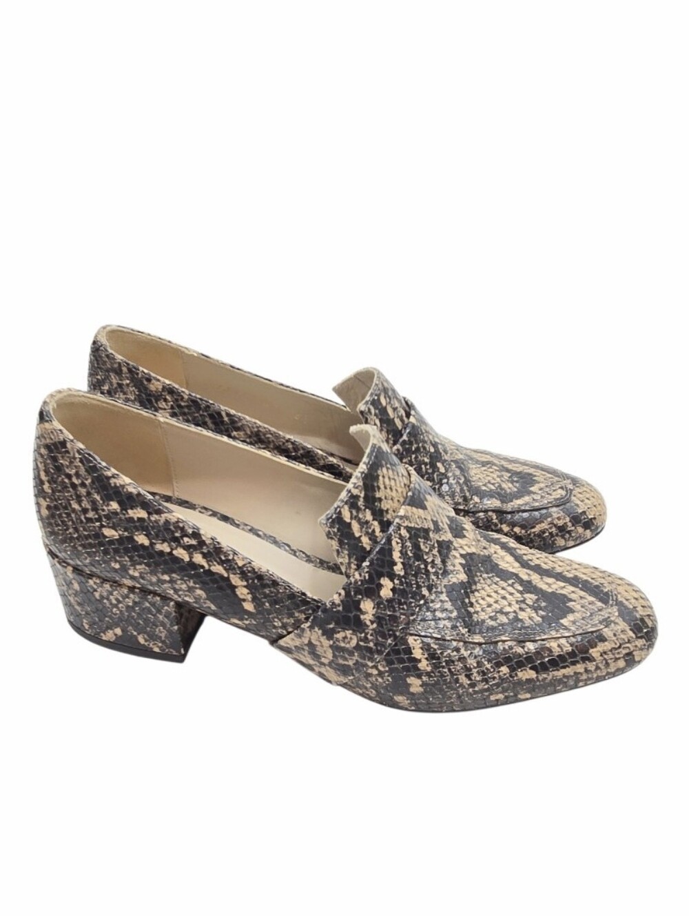 Freda Salvador Snake-Print Loafers in Beige and Black
